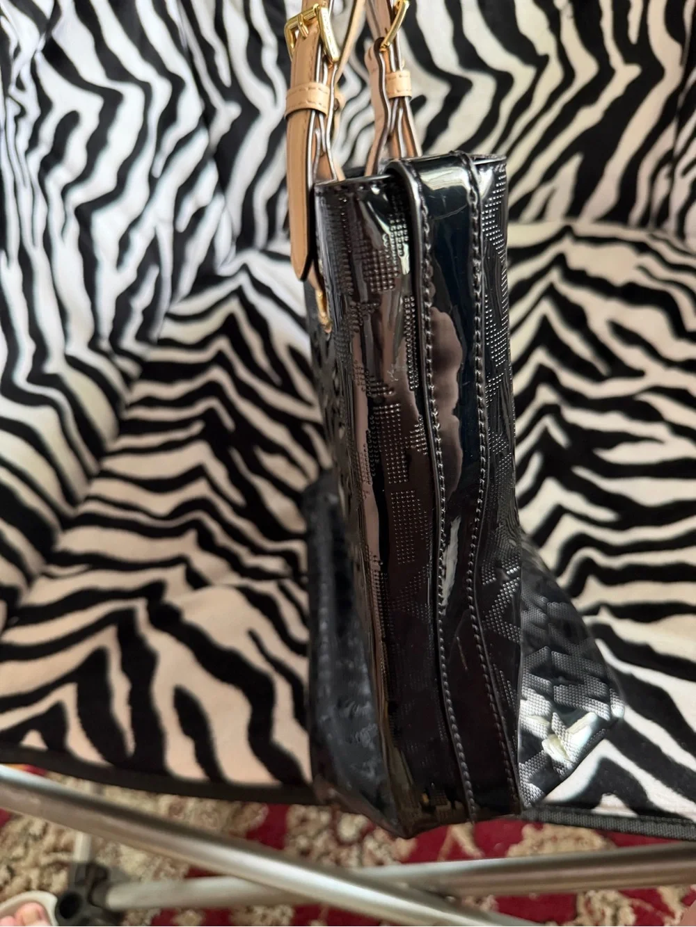 Michael Kors Black Patent Tote with Tan Straps and Gold Hardware
